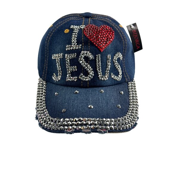 I ❤️ Jesus Denim Bling Cap By Bijorca Adjustable Fit 100% Cotton - Picture 2 of 8
